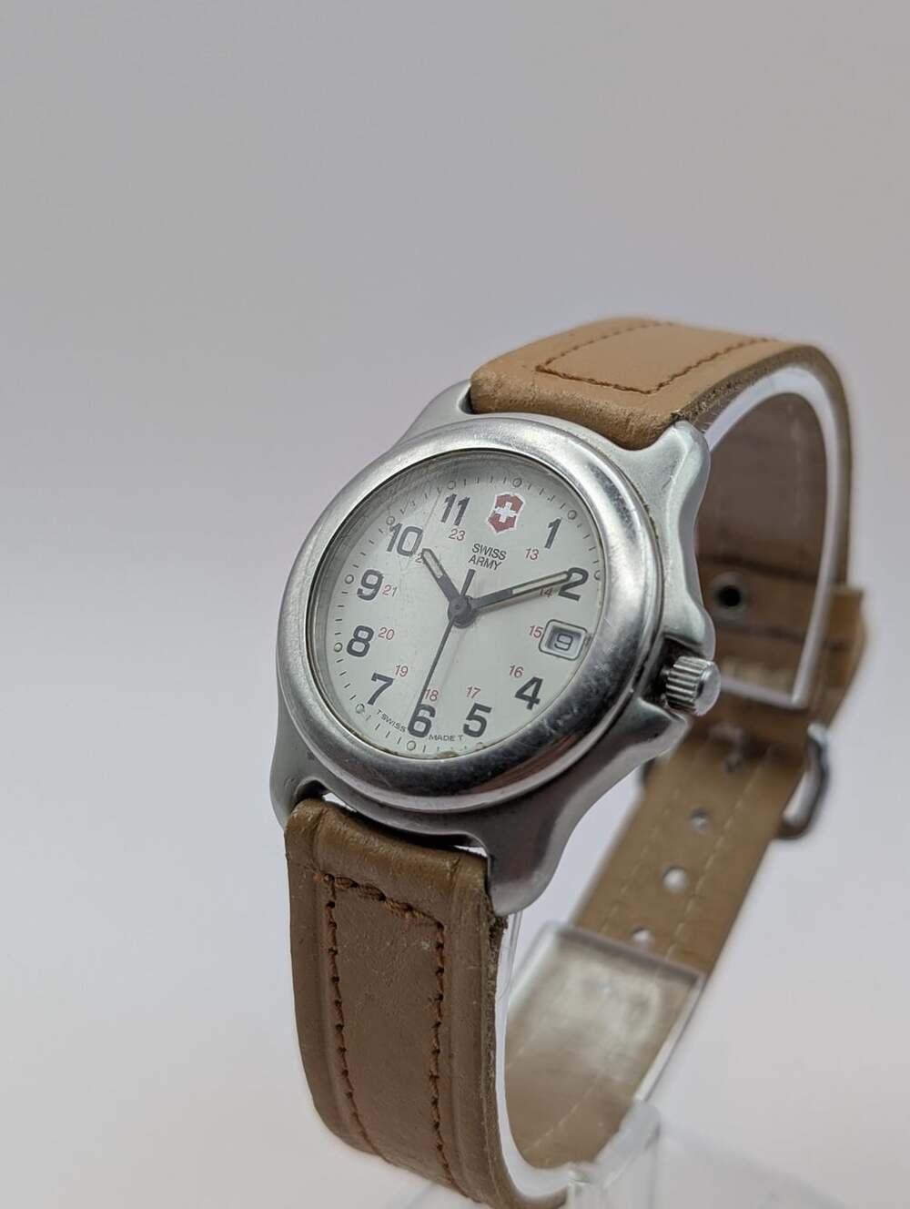 Vintage Swiss Army Silver-Tone Quartz Field Watch, Tan Leather Strap Date Displa